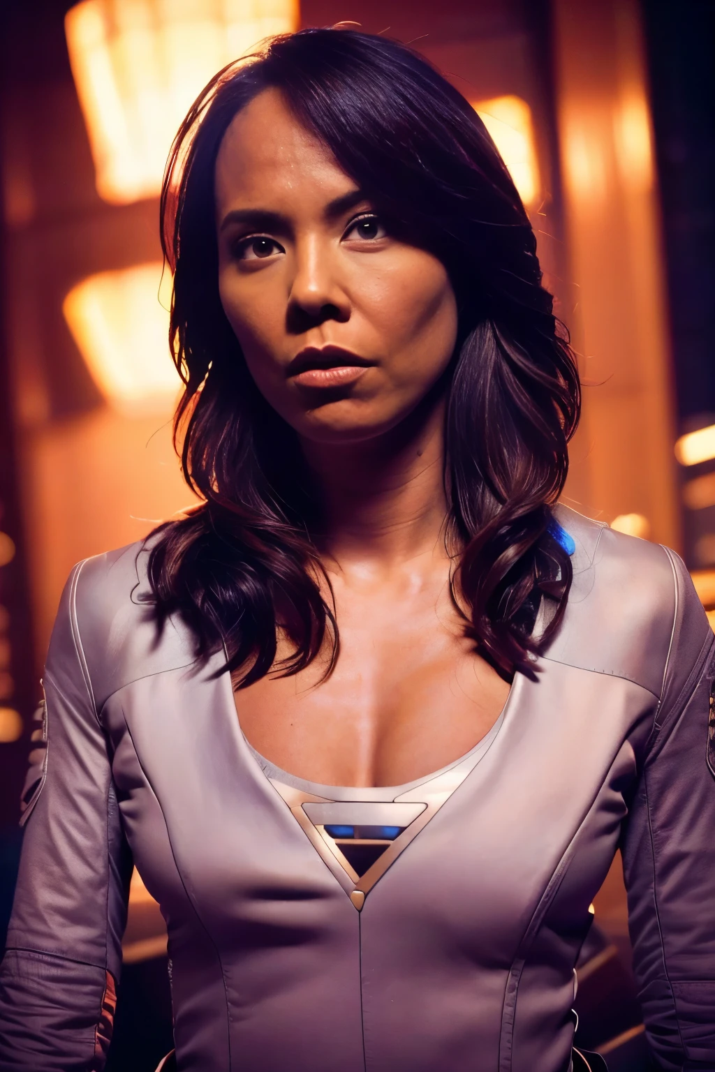 Lexa Doig,movie setting,Andromeda ship avatar,extremely detailed face and body, (best quality,4k,8k,highres,masterpiece:1.2),ultra-detailed,(realistic,photorealistic,photo-realistic:1.37),dramatic studio lighting,dramatic makeup, full body shot