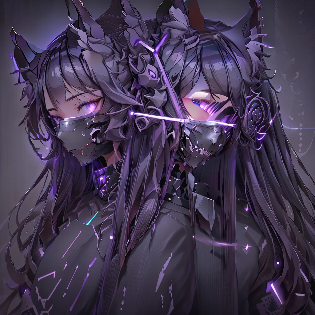 (YukiShido), 1girl, fox ears, cat ears, (gray eyes), beautiful long hair, (wearing black oni mask with sharp fangs), dataviz style , polygons, wireframes, datapoints, purple tones, cyan tones, camellia flower, fractals, Fibonacci sequence . 3D, paper folding, paper cutting, Japanese, intricate, symmetrical, precision, clean lines, uper body