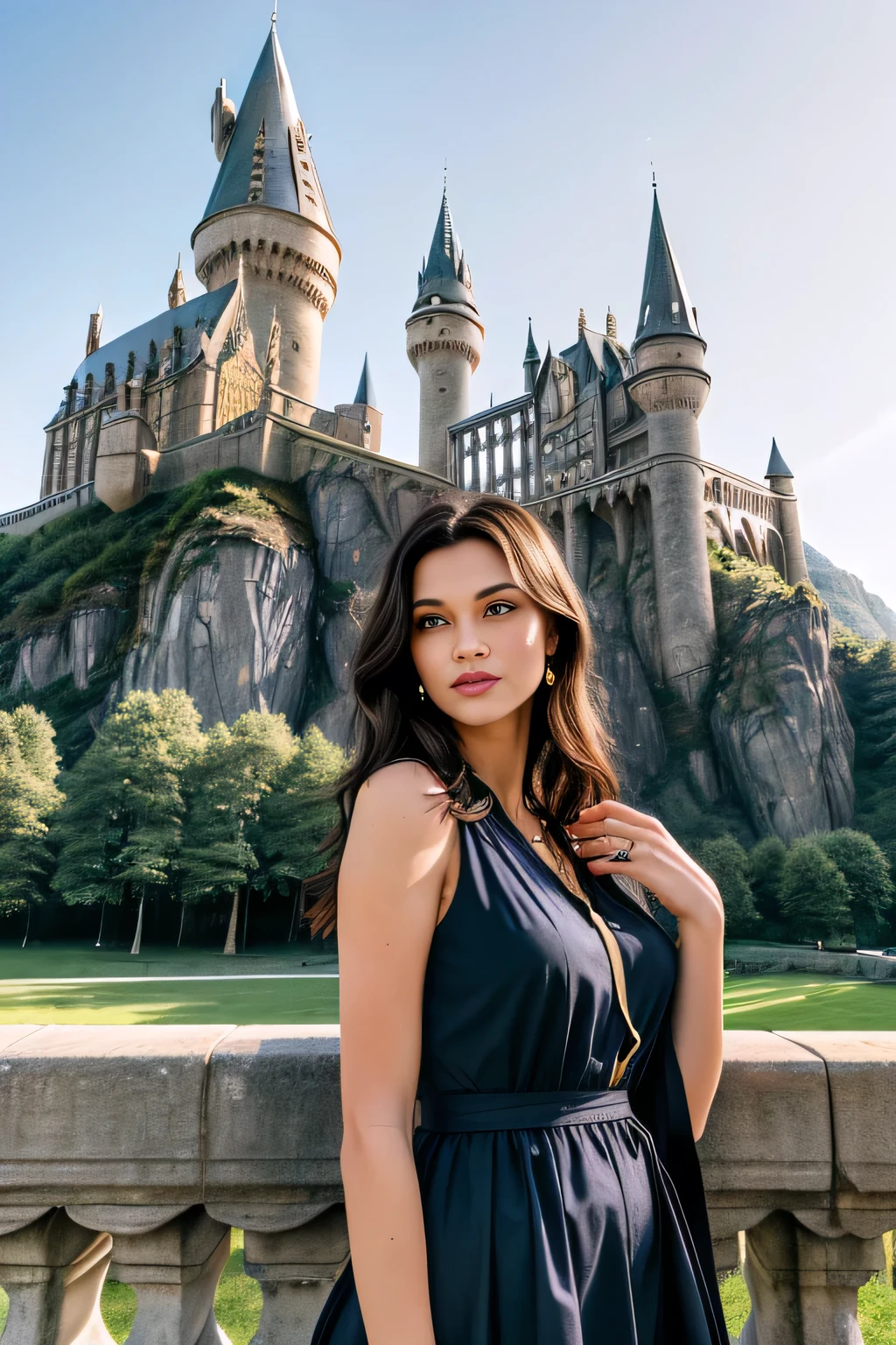 Woman in front of a castle in Disney World's Magic Kingdom, with blue sky in the background, castle in the background, with castle in the background, castle in the background, magical kingdom, (castle in the background), the background is the castle in Disneyland, Disney World, next to a castle, Walt Disney World.
A beautiful woman, with white skin and dark brown hair. She is about 45 years old, 165 cm tall and weighs 56 kg. She had modeled legs, perfect legs, toned legs, perfect mouth, medium breasts, perfect face. Her body exudes glamor and her face is a definition of beauty. Slender body, thin waist. Highly realistic, hyperrealism, very elaborate skin. Clear photo, high resolution, high quality, masterpiece, 16K photo, high contrast, masterpiece