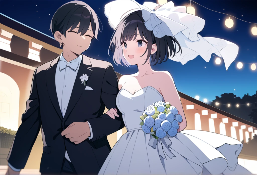 best quality, ultra-detailed, illustration, 
marunouchiekimaehiroba, dress, 1girl, hetero, 1boy, wedding dress, flower, night, bouquet, black hair, couple, formal, short hair, white dress, suit, outdoors, wedding, blurry, bare shoulders, holding
 