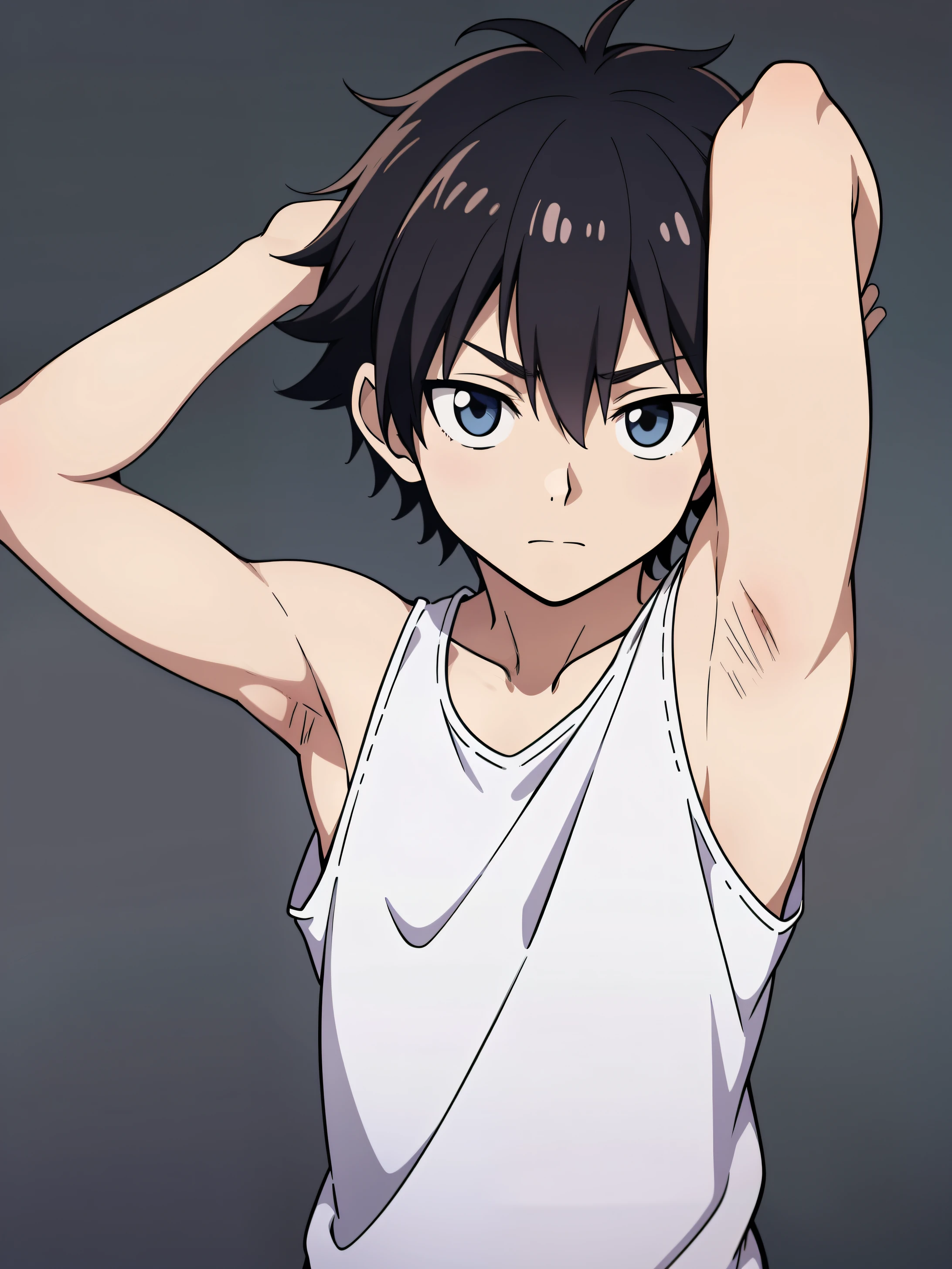 Highres, Masterpiece, Best quality at best,Best Quality,hight quality, hight detailed, Anime style, age 12, 1boy, Boy, Shota, Solo person, Young boy, upper body, slim body, messy hair, Tank top, bare shoulder, grey background, (Showing armpit:1.3), Give me a picture of the armpit of a young boy, the armpit looks clean and smells good, the armpit is very beautiful, the boy is teasing using his armpit, shine closer to the armpit, Cute armpit, Sexy armpit, seductive armpits, Such a cute smooth armpit, The armpits of a boy, Adorable little armpits, Give me a proportional picture of a boy's armpits, (very young boy), (Very small and short body), uhd, bokeh