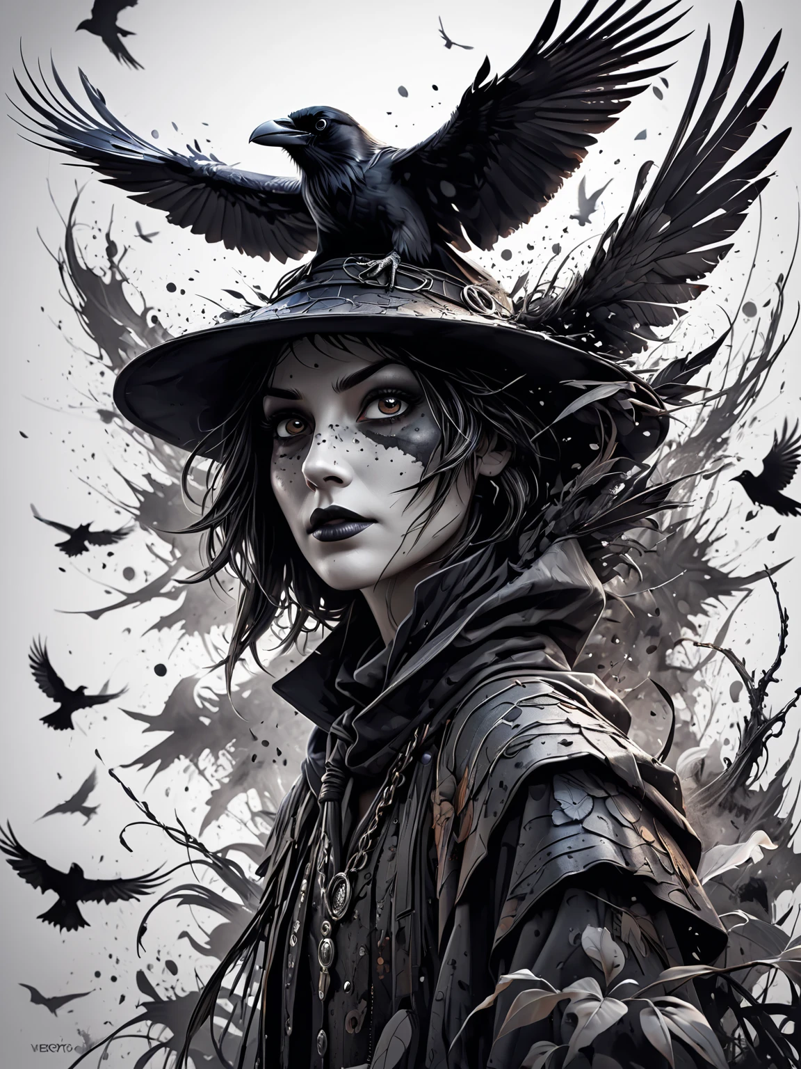 Vektor Create an exquisite ink painting on white paper that is the perfect multi-exposure work of art. This piece was intended to combine the volume-shaded of a Raven and a scarecrow . Hyper realistic .Tattoo style, paint splash, colors in white ,black and white , illustration, painting, photo, poster, dark fantasy epic action, Unreal Engine, cinematic award winning artwork, many details, extreme detailed, full of details,Wide range of colors., dramatic, Dynamic,Cinematic,Sharp details, Insane quality. Insane resolution. Insane details. Masterpiece. 32k resolution. casting shadow style, cucoloris patterned illumination,  dvr-lnds-sdxl, ral-dissolve, ral-ertmsphr, ral-porcelain, ral-pxlprtcl, Niji, aidma-niji