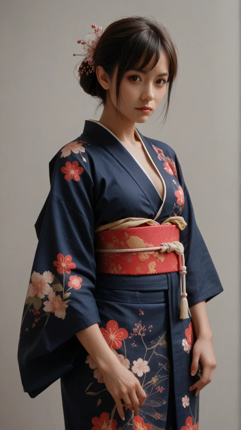 Model actress 、 one woman、nice、 half Japanese and half European、Beauties in their 30s 、 Real Skin、 facing the front 、 is standing、studio、 short hair、kimono