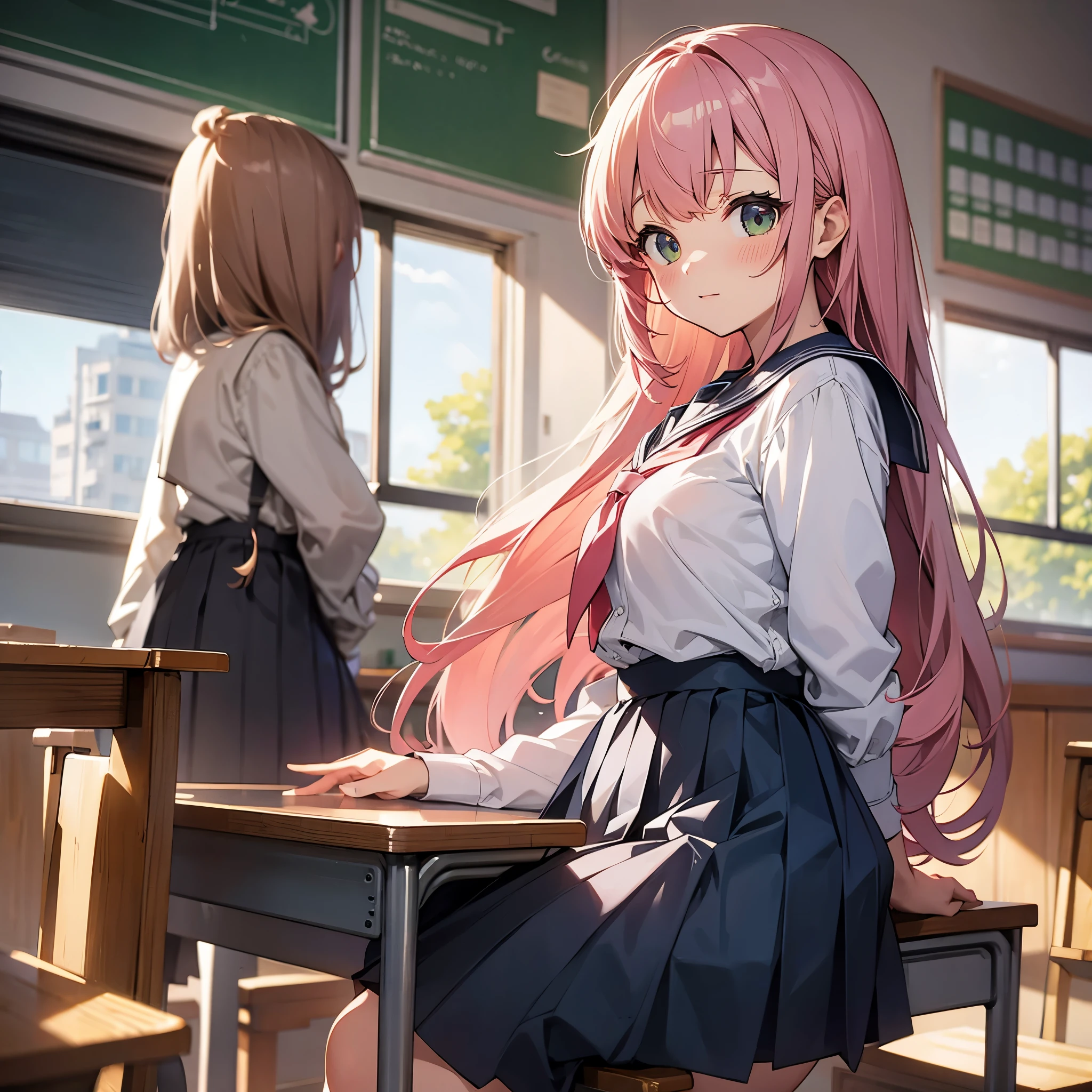 One girl with long hair and uniform, pink hair, looking away, sitting, embarrassed, blushing, mouth small open, classroom (girl leaking pee): 0.4)