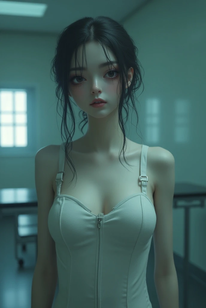 full bodyesbian,transparent white shirt,Short black dress,Braid, bangs, Asymmetrical bangs, Moles under eyes, Wide shot, surrealism, modern, Depth of field, stereograms, Cinematic lighting, first person perspective, Cowboy shot, in a panoramic view, hyper HD, Textured skin, HD --auto