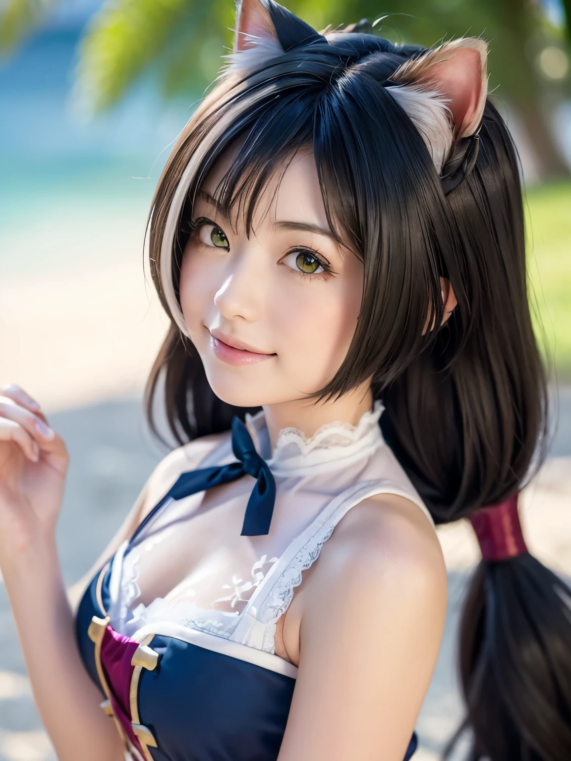 (beautiful japanese girl), (Smile:1.25), 
break 
(Shot with Canon EOS 5D Mark 4 and Canon EF Lens 85mm F1.2L lens, F value 1.2, ISO 50, shutter speed 64), 
break
(close up:1.5), (look at camera :1.3), (dynamic pose:1.3), 
break
beautiful and fine eyes, perfection, perfection, roll your eyes, detailed face, fine eyes, excellent quality, masterpiece, very detailed, Advanced level of detail, many details, high quality, cinematic light, real hands, (super realistic:1.3), perfect eyes, detailed skin, skin blemish, lip gloss, 
break 
karyl, animal ear fluff, animal ears, black hair, black ribbon, cat ears, cat girl, cat tail, fang, (green eyes:1.5), hair bow, long hair, low twintails, multicolored hair, purple bow, ribbon, skin fang, streaked hair, tail, twintails, vertical stripes, white hair
break
(white lace dress:1.3),
 break
 outside, clear sky, outdoors, in the beach,