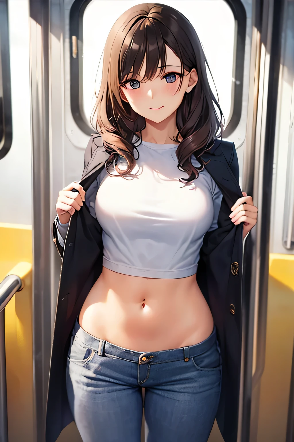 super fine illustration, vibrant colors, masterpiece, sharp focus, best quality, depth of field, ultra detailed, white shirt, long coat jacket, 1 woman, solo, navel, train interior, looking down, medium breasts, long curly hair, brown hair, tall, mature face, blush, trousers, lipstick, makeup, mature face, light smile, closed mouth, handbag, jewelry, cellphone, 