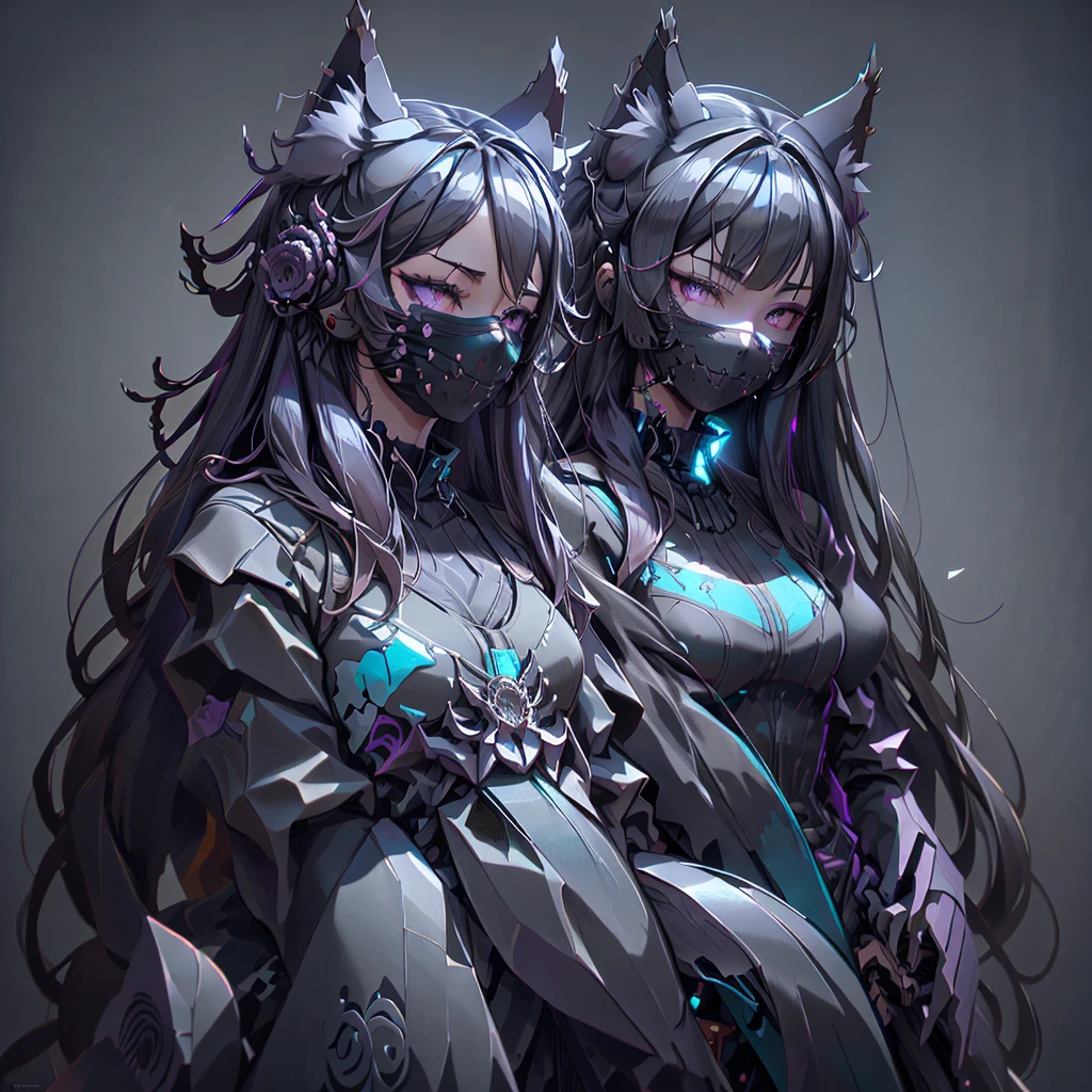 (YukiShido), (masterpiece, top quality, best quality, official art, beautiful and aesthetic:1.3, photorealistic:1.4, photo, raw), 1girl, fox ears, cat ears, (gray eyes), beautiful long hair, (wearing black oni mask with sharp fangs), dataviz style , polygons, wireframes, datapoints, purple tones, cyan tones, camellia flower, fractals, Fibonacci sequence . 3D, paper folding, paper cutting, Japanese, intricate, precision, clean lines, uper body