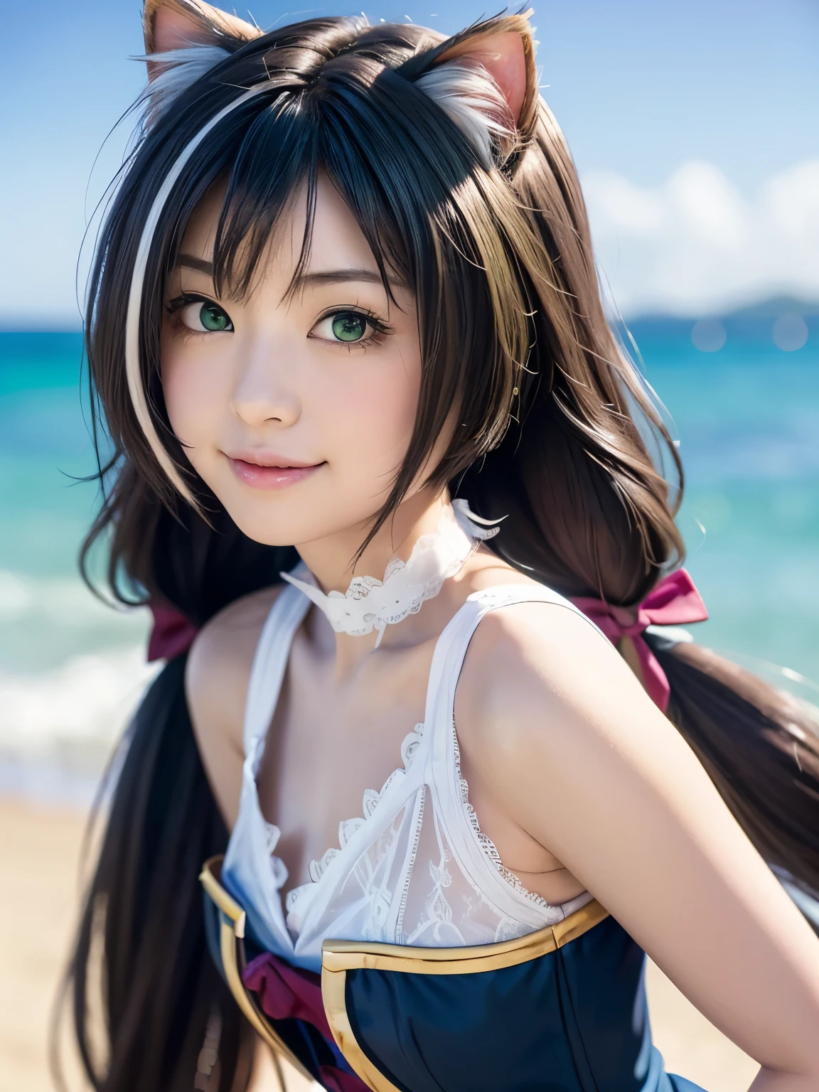 (beautiful japanese girl), (Smile:1.25), 
break 
(Shot with Canon EOS 5D Mark 4 and Canon EF Lens 85mm F1.2L lens, F value 1.2, ISO 50, shutter speed 64), 
break
(close up:1.5), (look at camera :1.3), (dynamic pose:1.3), 
break
beautiful and fine eyes, perfection, perfection, roll your eyes, detailed face, fine eyes, excellent quality, masterpiece, very detailed, Advanced level of detail, many details, high quality, cinematic light, real hands, (super realistic:1.3), perfect eyes, detailed skin, skin blemish, lip gloss, 
break 
karyl, animal ear fluff, animal ears, black hair, black ribbon, cat ears, cat girl, cat tail, fang, (green eyes:1.5), hair bow, long hair, low twintails, multicolored hair, purple bow, ribbon, skin fang, streaked hair, tail, twintails, vertical stripes, white hair
break
(white lace dress:1.3),
 break
 outside, clear sky, outdoors, in the beach,