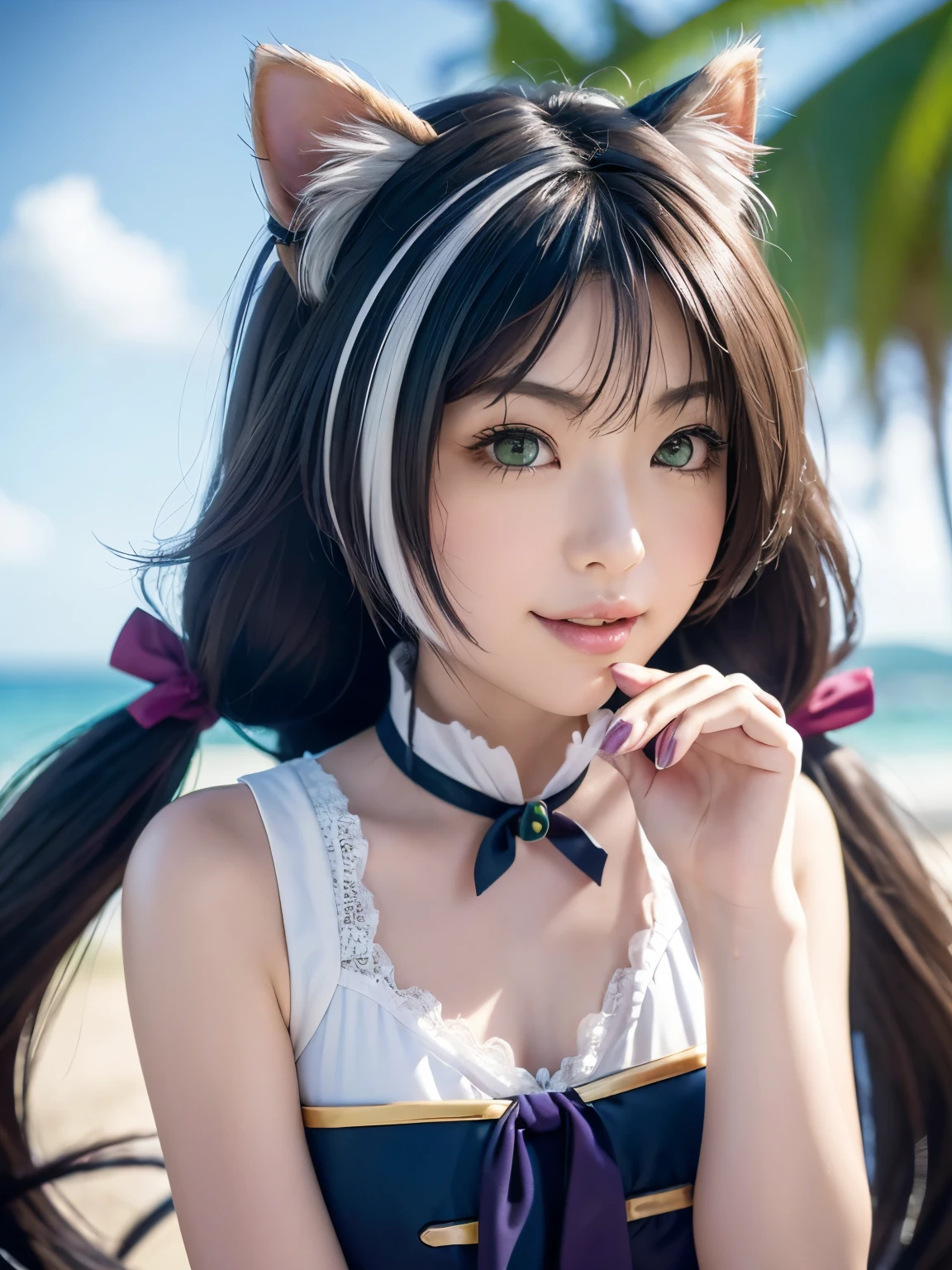 (beautiful japanese girl), (Smile:1.25), 
break 
(Shot with Canon EOS 5D Mark 4 and Canon EF Lens 85mm F1.2L lens, F value 1.2, ISO 50, shutter speed 64), 
break
(close up:1.5), (look at camera :1.3), (dynamic pose:1.3), 
break
beautiful and fine eyes, perfection, perfection, roll your eyes, detailed face, fine eyes, excellent quality, masterpiece, very detailed, Advanced level of detail, many details, high quality, cinematic light, real hands, (super realistic:1.3), perfect eyes, detailed skin, skin blemish, lip gloss, 
break 
karyl, animal ear fluff, animal ears, black hair, black ribbon, cat ears, cat girl, cat tail, fang, (green eyes:1.5), hair bow, long hair, low twintails, multicolored hair, purple bow, ribbon, skin fang, streaked hair, tail, twintails, vertical stripes, white hair
break
(white lace dress:1.3),
 break
 outside, clear sky, outdoors, in the beach,