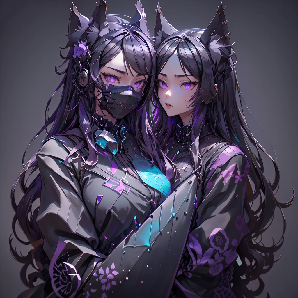 (YukiShido), (masterpiece, top quality, best quality, official art, beautiful and aesthetic:1.3, photorealistic:1.4, photo, raw), 1girl solo, fox ears, cat ears, (gray eyes), beautiful long hair, (wearing black oni mask with sharp fangs), dataviz style , polygons, wireframes, datapoints, purple tones, cyan tones, camellia flower, fractals, Fibonacci sequence . 3D, paper folding, paper cutting, Japanese, intricate, precision, clean lines, uper body