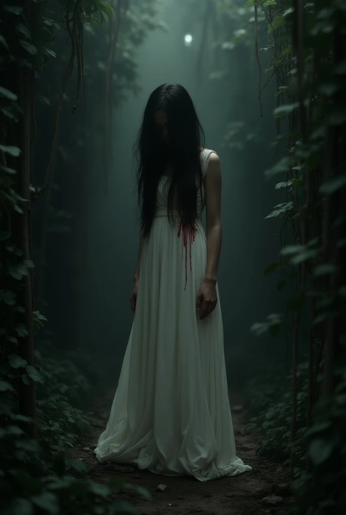 The bride lying down ,,The skirt of your white dress is torn and stained red.,Ripping,lying in the forest,dark and scary with hooded beings around, Bblack hair, high resolution,