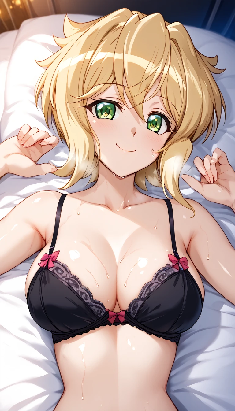 Best Quality,  Soft Light,  Ultra High Definition , cute, beautiful face down to the smallest detail, high-resolution details of human skin texture , shiny skin,sweat,Heat,Akatsukiri Song,Blonde,,Bra, closed mouth ,whole body,Hotel, bed, Soft Light, one girl playing pranks,Normal size breasts, Short Hair,Symphogear,Side-show pose,Lying on your back,smile,Lights out,Look Down