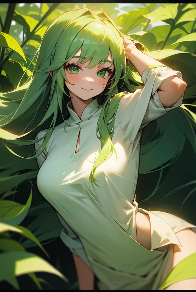 plant, potted_plant, 1girl, birdcage, cage, watering_can, long_hair, solo, very_long_hair, tanabata, vines, leaf, ivy, long_sleeves, green_eyes, palm_tree, bamboo, nsfw, ((nude)), ((no panties)), no clothes, embarrassed, close eye, open legs, young pussy, lift up skirt