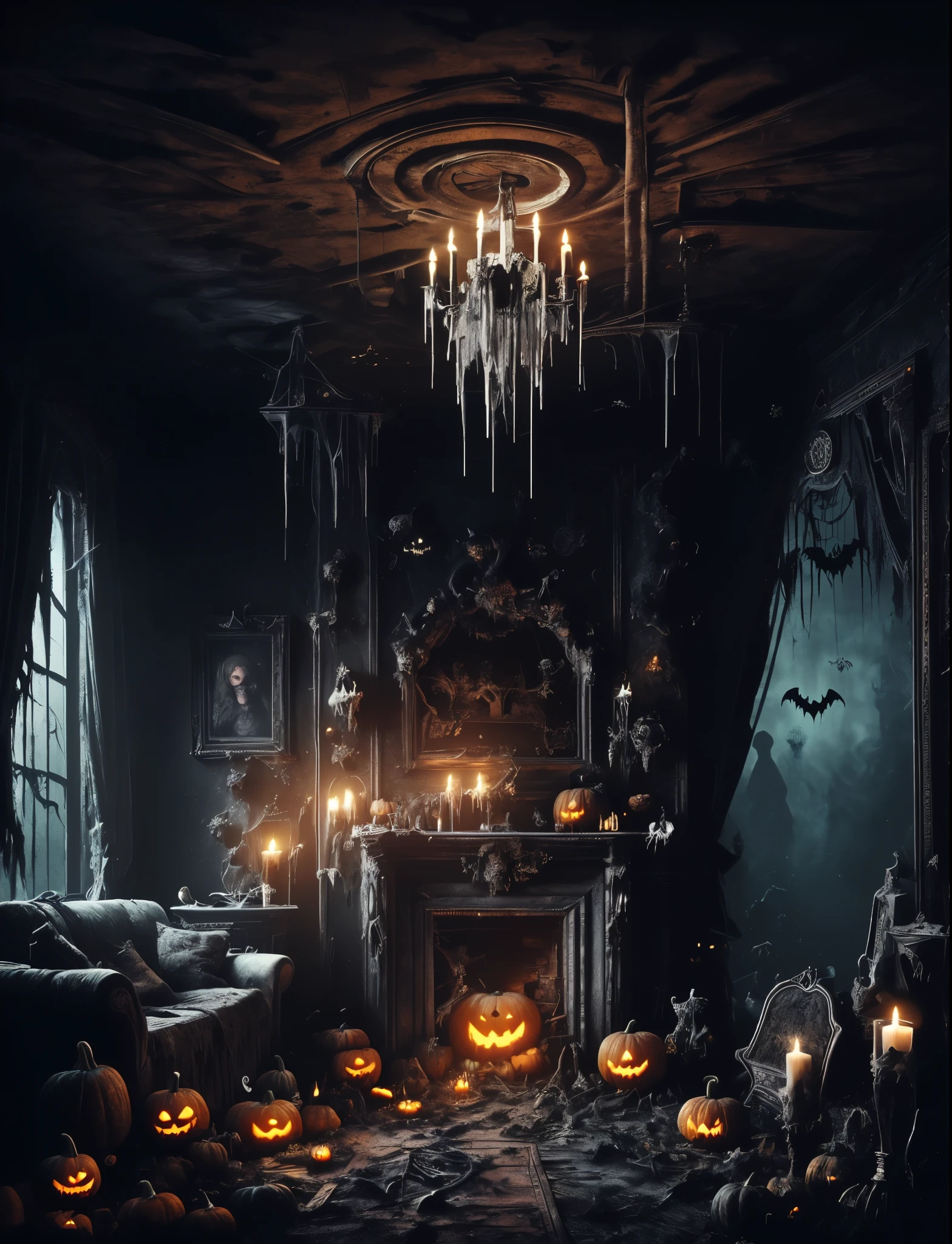 Digital art of a gothic style halloween-themed castle's living room, dusty, old and rustic. The main ambient lighting is coming from an opening in the ceiling, illuminating the whole area and creating a shiny, clear and vivid visual, contrasting with the witchery elements in the gothic-halloween themed scenario, such as the old ghostly picture, fireplace, candles, (pumpkins:0.4) and (skulls:0.4)