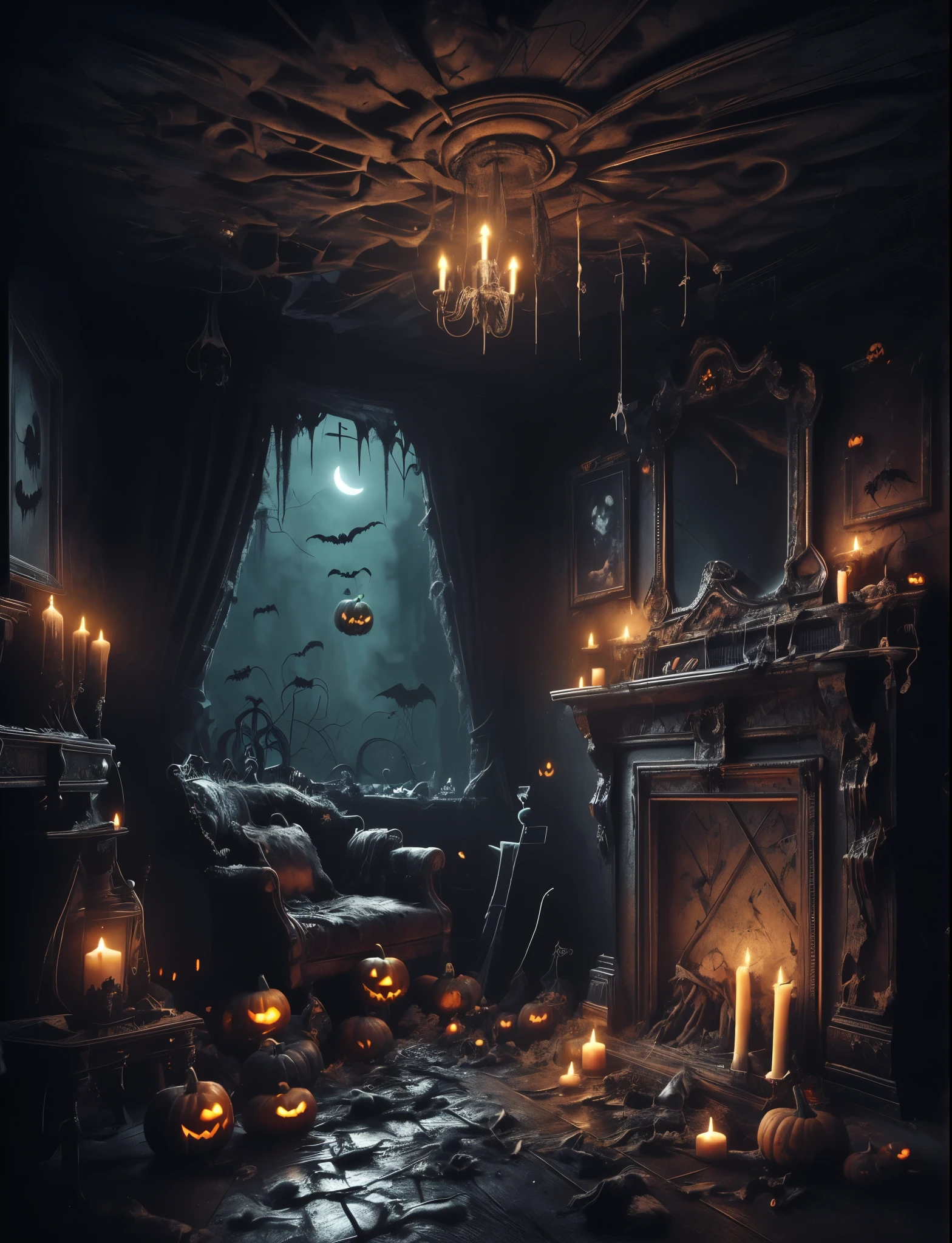 Digital art of a gothic style halloween-themed castle's living room, dusty, old and rustic. The main ambient lighting is coming from an opening in the ceiling, illuminating the whole area and creating a shiny, clear and vivid visual, contrasting with the witchery elements in the gothic-halloween themed scenario, such as the old ghostly picture, fireplace, candles, (pumpkins:0.4) and (skulls:0.4)