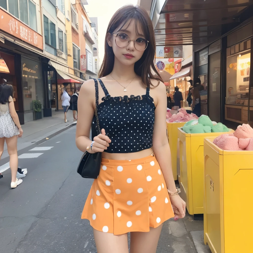 Girl in orange polka dot camisole and brown tight mini skirt、A tiny２Tuknot、shopping mall、Lick the soft-serve ice cream