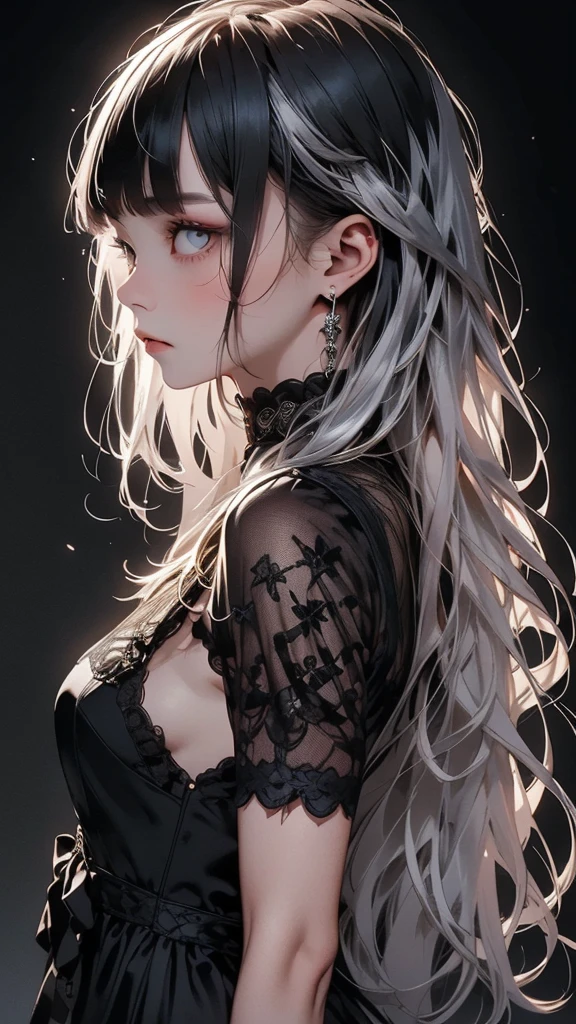  movie poster with a young woman as the protagonist、(Silver long hair:1.3)、Glare、 Her face has a determined expression, black lace gothic fashion、The background is dark、Rough, With danger and tension.  This article is bold and attention-grabbing.、 Side shot 、(blunt bangs:1.3)