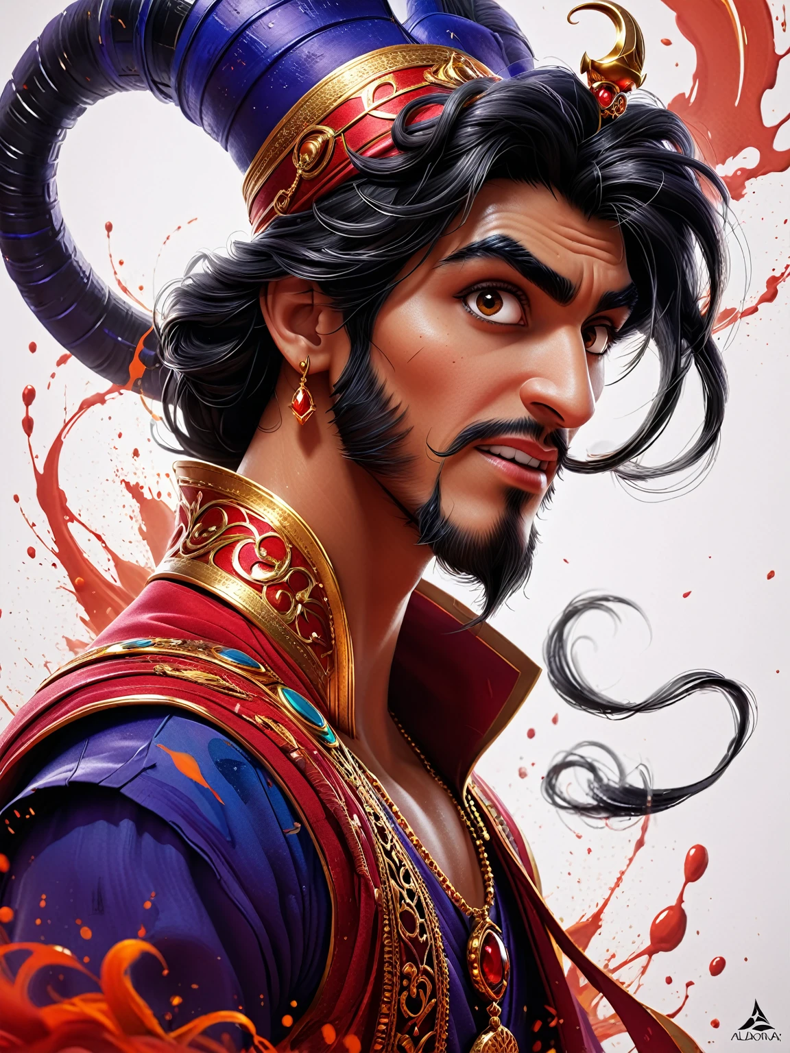 Vektor Create an exquisite ink painting on white paper that is the perfect multi-exposure work of art. This piece was intended to combine the volume-shaded of Jafar from Disney's Aladdin . Hyper realistic .Tattoo style, paint splash, paint drip, colors in shades of black, red, and gold, illustration, painting, photo, poster, dark fantasy epic action, Unreal Engine, cinematic award winning artwork, many details, extreme detailed, full of details,Wide range of colors., dramatic, Dynamic,Cinematic,Sharp details, Insane quality. Insane resolution. Insane details. Masterpiece. 32k resolution. casting shadow style, cucoloris patterned illumination,  dvr-lnds-sdxl, ral-dissolve, ral-ertmsphr, ral-porcelain, ral-pxlprtcl, Niji, aidma-niji