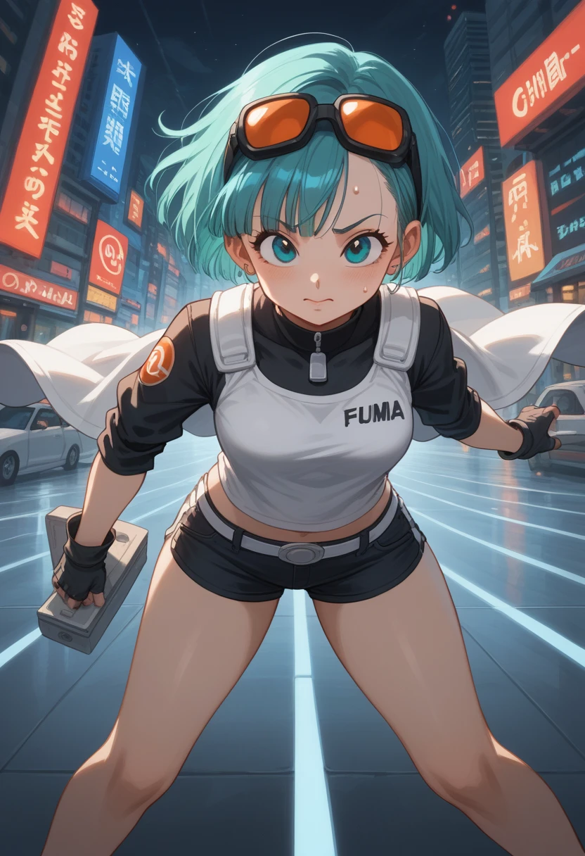 cinematic illusion visual cfi-fi from above a beautiful japanese woman bulma dragon ball fiks  on a flying vehicle sophisticated mechanic body design motif  futuristic orange black emitting green aura outdoors urban city future futurustic cyborgpunk neon mini skrit  sweating showing big as horny faces