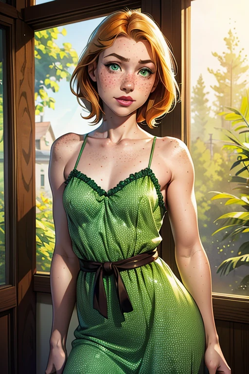 masterpiece portrait of a woman in Montreal at dawn, Long Hair, Cute orange curly hair, smile, Green Eyes, freckles, Floral print, dress, dawn, neon, light, caustic, Lens Reflection, ((alone)), Ishmael_edge