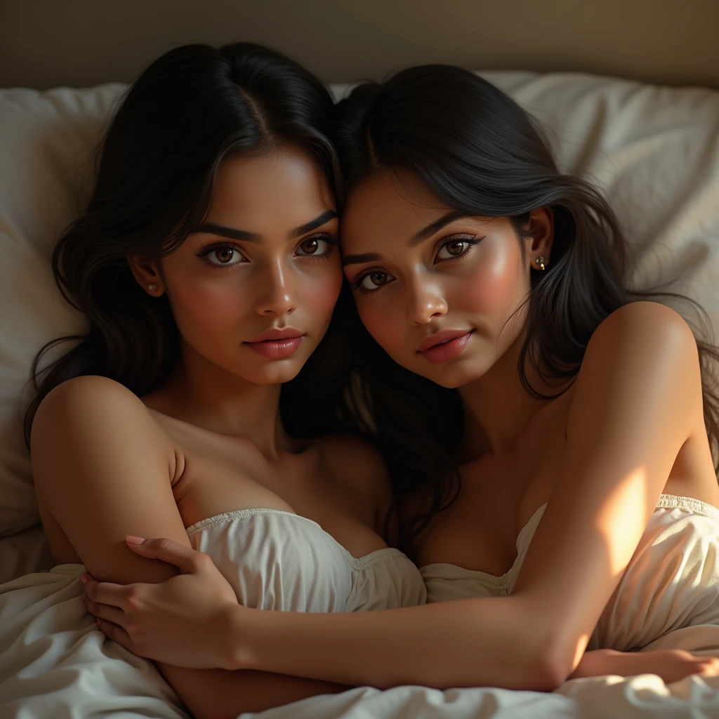 two beautiful girls, posing sensually, With , in bed