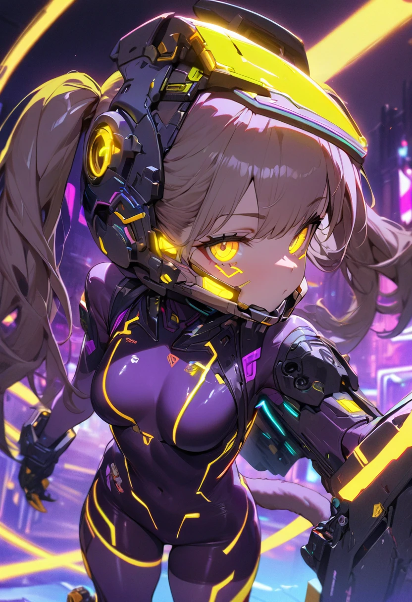 (masterpiece, best quality, ultra detailed, high resolution, detailed facial description), (1 girl:1.3), twin tails, A mechanical visor shaped like a cat's face:1.3, (purple bodysuit, Bodysuit with yellow glowing lines), (purple bike shorts, Bike shorts with glowing yellow lines), It has a tail made of machinery.:1.2, inline skates, cyberpunk