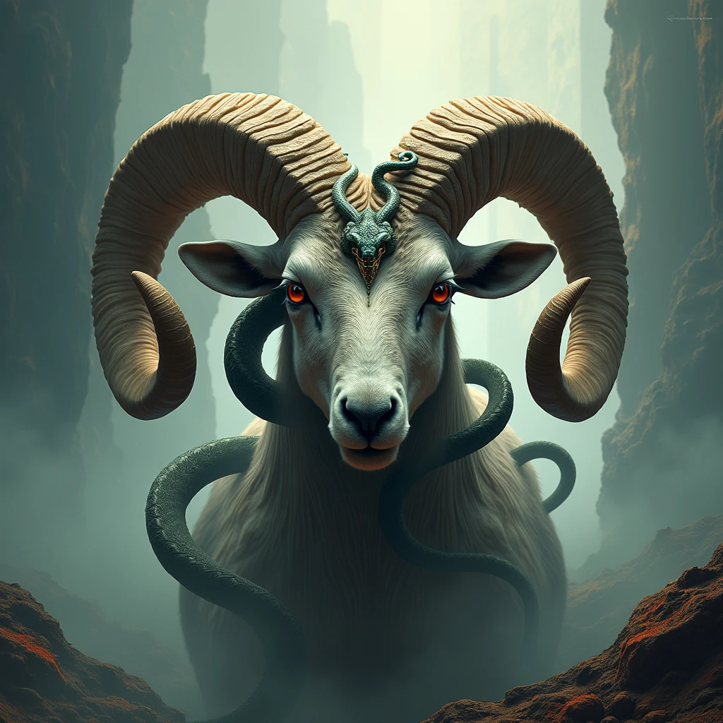 A majestic ram's head with curved horns, adorned with a serpent coiled around its forehead, set against a misty, dreamlike backdrop, blending the mysticism of Symbolist painter Odilon Redon with the vibrant colors of Surrealist master Salvador Dali and the intricate textures of illustrator James Jean.