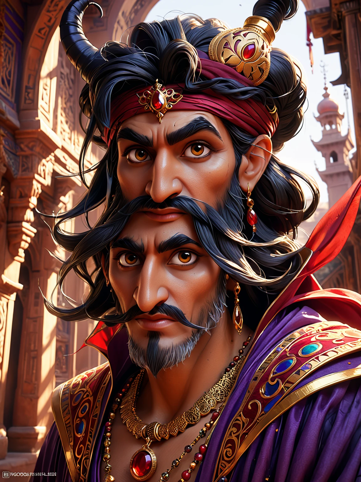 Vector Create an exquisite ink painting on white paper that is the perfect multi-exposure work of art. This piece was intended to combine the volume-shaded of Jafar the Vizier of Agrabah. Hyper realistic .Tattoo style, paint splash, paint drip, colors in shades of black, red, and gold, illustration, painting, photo, poster, dark fantasy epic action, Unreal Engine, cinematic award winning artwork, many details, extreme detailed, full of details, Wide range of colors, dramatic, Dynamic, Cinematic, Sharp details, Insane quality. Insane resolution. Insane details. Masterpiece. 32k resolution. casting shadow style, couloirs patterned illumination,  dvr-lnds-sdxl, ral-dissolve, ral-ertmsphr, ral-porcelain, ral-pxlprtcl, Niji, aidma-niji