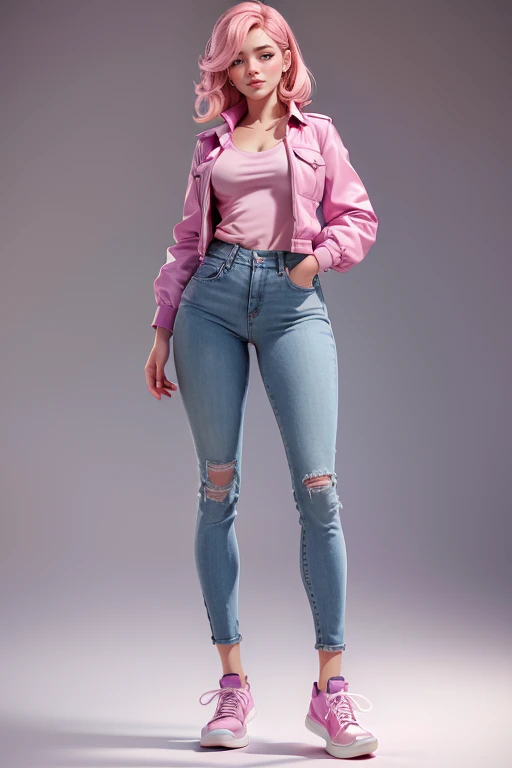 Young woman, light pink hair, violet eyes,  ironic smile, blush, super model, short jacket,  well-fitting blouse , tailored jeans ,  classic sneakers, magnificent anatomy ,  Dynamic Pose , face to the camera,  masterpiece , super detail,  lyrics,  natural lighting ,  sharp focus,  plain white background , without patterns, No textures.