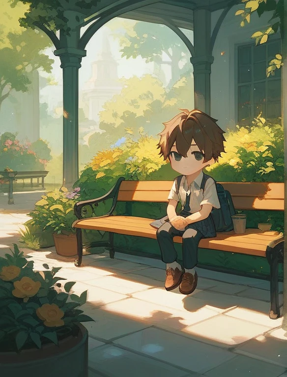 in the garden，a boy is sitting on a bench.shor hair，Brown Hair，black eyes，korea school uniform,chibi