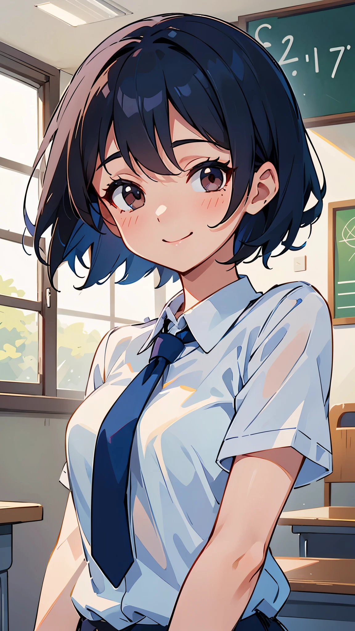 1 woman, 17 years old, curly bob hair, plump body, red eyes, Indonesian high-school uniform, (white transparent shirt), osis logo on shirt pocket, big breasts, light-grey pleated skirt, sitting on a chair, seductive pose, full body shot, smiling, in the classroom.