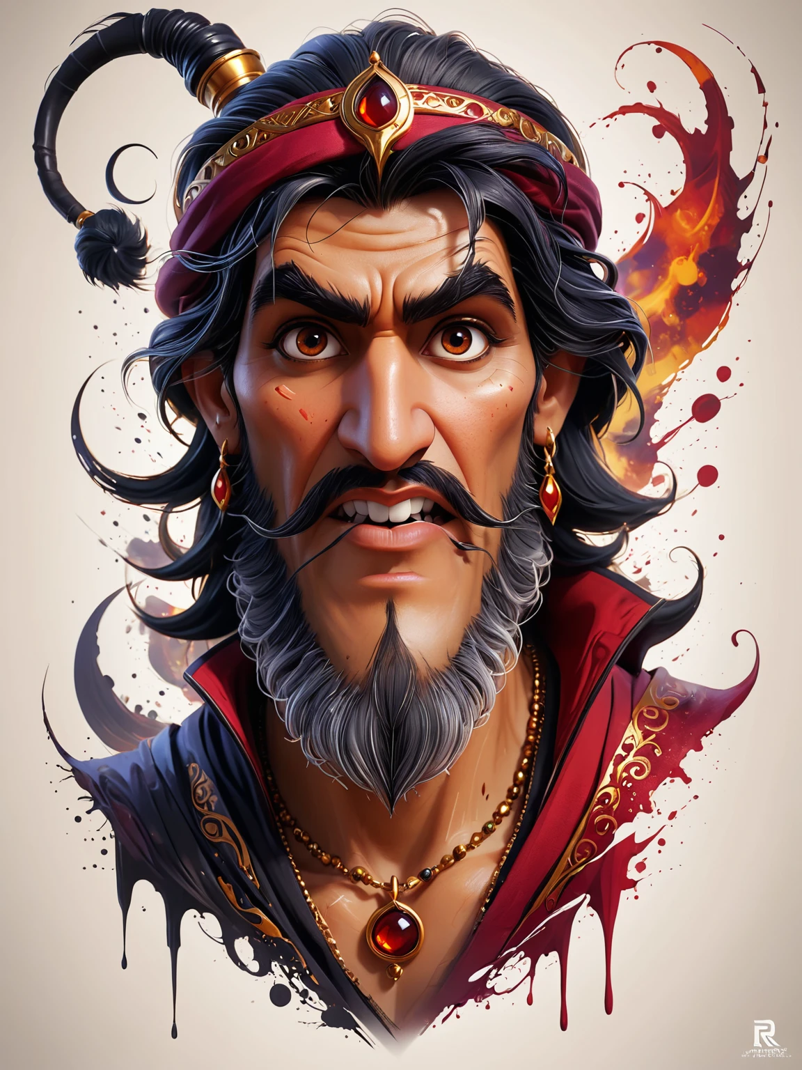 Vector Create an exquisite ink painting on white paper that is the perfect multi-exposure work of art. This piece was intended to combine the volume-shaded of Jafar the Vizier of Agrabah. Hyper realistic .Tattoo style, paint splash, paint drip, colors in shades of black, red, and gold, illustration, painting, photo, poster, dark fantasy epic action, Unreal Engine, cinematic award winning artwork, many details, extreme detailed, full of details, Wide range of colors, dramatic, Dynamic, Cinematic, Sharp details, Insane quality. Insane resolution. Insane details. Masterpiece. 32k resolution. casting shadow style, couloirs patterned illumination,  dvr-lnds-sdxl, ral-dissolve, ral-ertmsphr, ral-porcelain, ral-pxlprtcl, Niji, aidma-niji