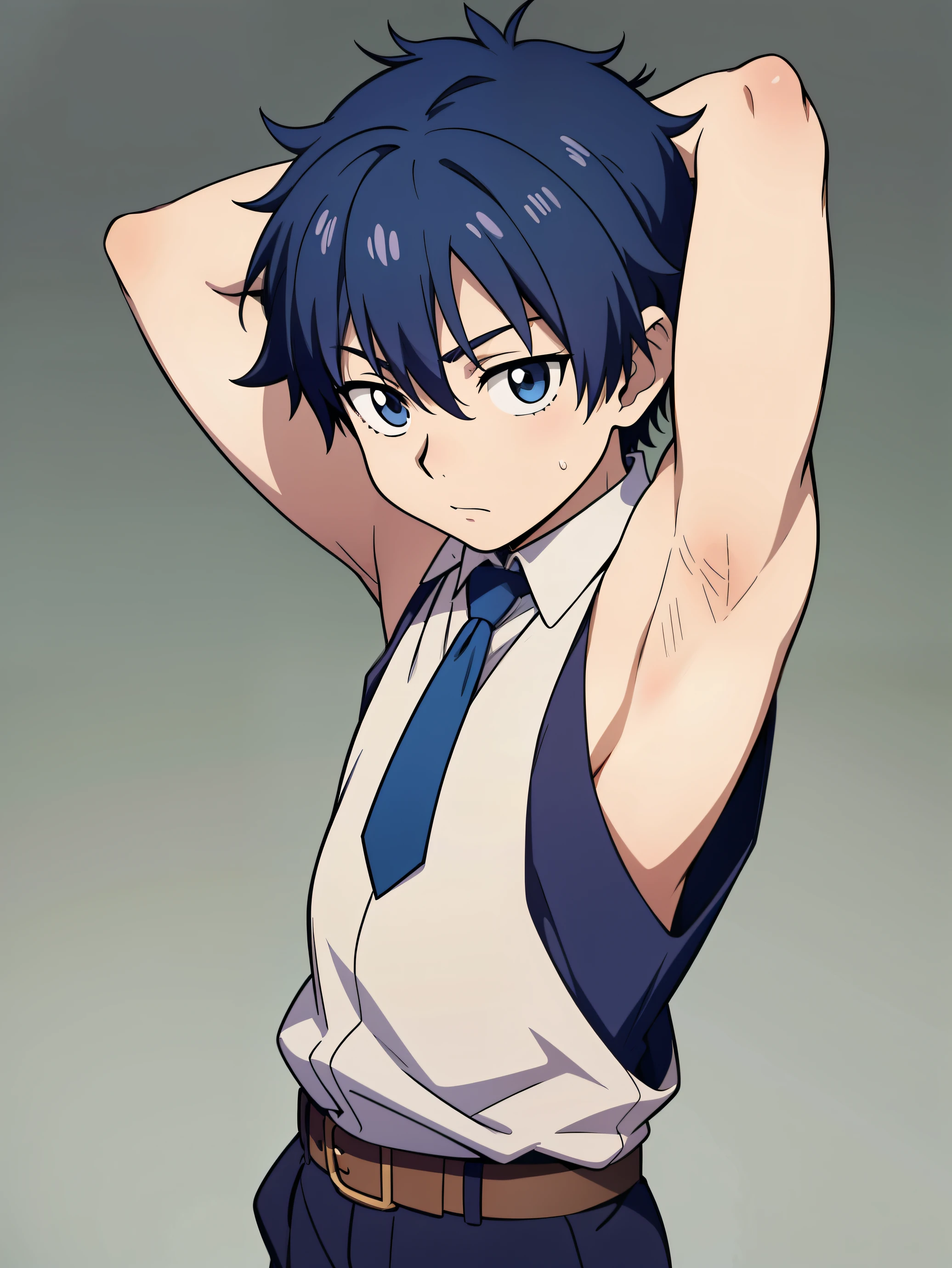 Highres, Masterpiece, Best quality at best,Best Quality,hight quality, hight detailed, Anime style, age 12, 1boy, Boy, Shota, Solo person, Young boy, upper body, slim body, blue hair, Sleeveless vest, bare shoulder, tie, belt, grey background, (Showing armpit:1.3), Give me a picture of the armpit of a young boy, the armpit looks clean and smells good, the armpit is very beautiful, the boy is teasing using his armpit, Cute armpit, Sexy armpit, seductive armpits, Such a cute smooth armpit, The armpits of a boy, Adorable little armpits, Give me a proportional picture of a boy's armpits, (very young boy), (Very small and short body), uhd, bokeh