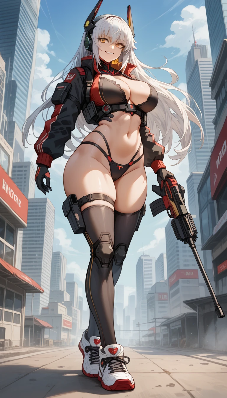 ultra-detailed, 1girl, solo, zentreya, zencyber, (masterpiece)), (best quality), (highres), 16K, yellow eyes, white hair, long hair, wearing tactical gear, black panties, sneakers, busty body, large breasts and a beautiful ass, showcasing cleavage, legs, hips, holding weapon, (holding assault rifle), looking at viewer, detailed face, smile, detailed hair, detailed full body, city background