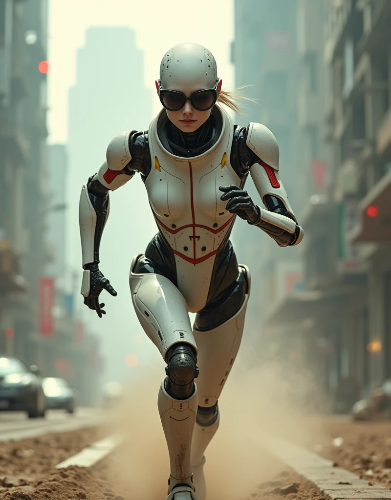 A cyborg girl is jogging down the street of a big city, passersby watching her with interest, high quality, Absurd, Masterpiece, Beautiful, complex parts, 1/2 body crops, slender body, Beautiful figure, Magnificent Anatomy, (complex parts:1.12), HDR, (complex parts, hyper detail:1.15), (natural skin textures, Hyperrealistic, soft light, Spicy:1.2)
