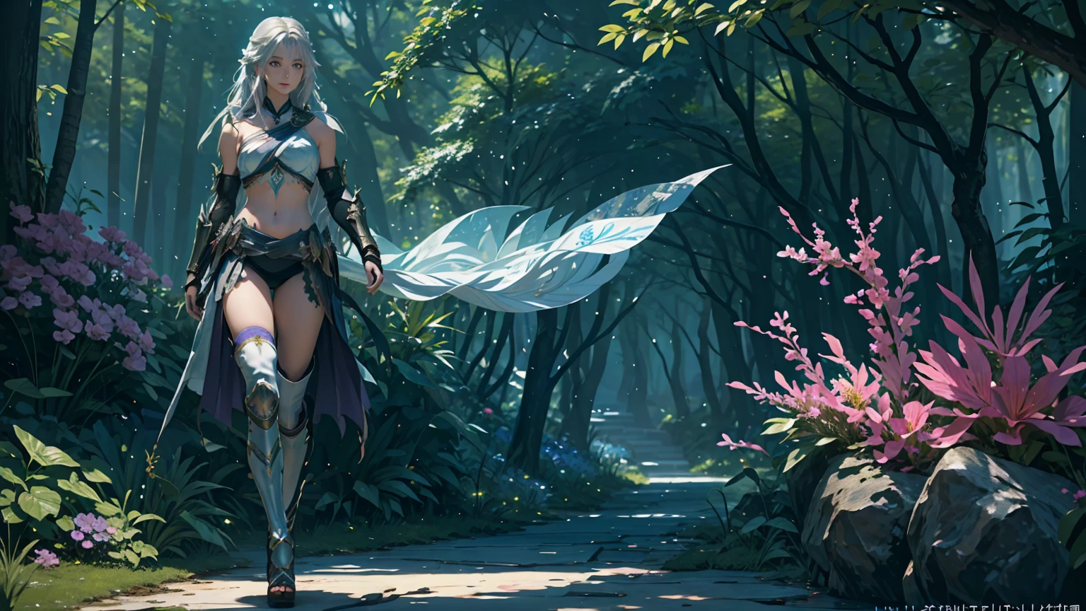 Enchanting 8K Fantasy Scene: A breathtaking female barbarian, 1girl, solo, she is walking in paradisiacal landscape. ((full body)). Facing the viewer in an ultra-detailed, photorealistic 8K portrait, she exudes elegance and allure, with porcelain-smooth. Her long silver hair cascades around her face, drawing attention to her captivating golden eyes and an enchanting, gentle smile. Dynamic camera, long torso. Dressed in delicate LIGHT ARMOR. Moon in the sky. Behind her stretches a paradise-like grove, rich with towering trees, vibrant flowers, and sparkling streams under a dramatic sky painted in hues of purple, blue, and pink, evoking a surreal, magical atmosphere. The scene blends dark fantasy with an ethereal, Genshin Impact-inspired style, rendered in ultra-high 4K and 8K resolution with extreme detail and fine art quality. This captivating environment celebrates the beauty of nature as a vivid paradise, contrasting with the warrior’s strong yet graceful presence, inviting viewers into an enchanting and otherworldly realm.