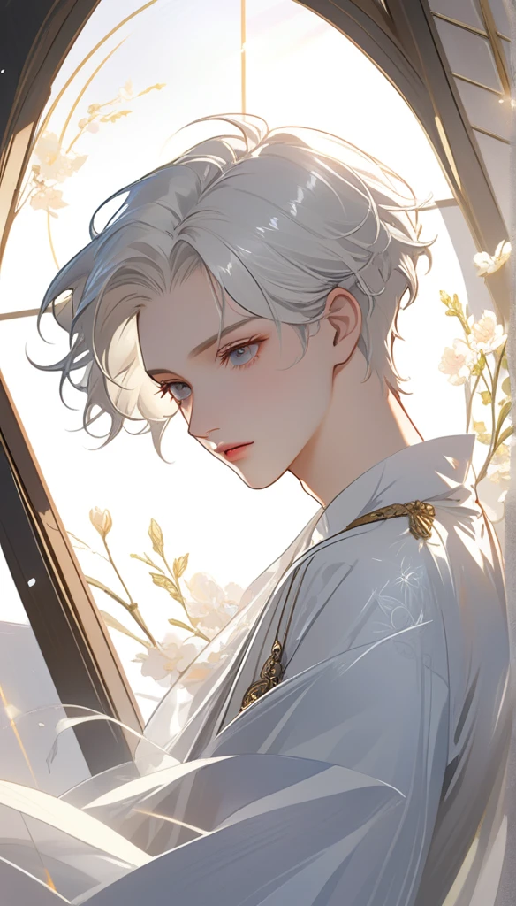 Delicate face, Downshoot, Thick acrylic, illustration on pixiv, By Kavasi, author：John Singer, sargent, masterpiece, Upper Body, king, one, Boys, Two hands, White eyes, White short hair,, pale White skin, Pretty Face, Divine Light, White, shirt, Rich details, high quality, scum,, degenerate,8k, Extremely detailed, Latest pixiv, illustration, Dynamic poses, Dynamic Angle,, Gorgeous light and shadow, transparency,, Detail decoration, Detailed lines, mystery,, fantasy, magic, sparkling,