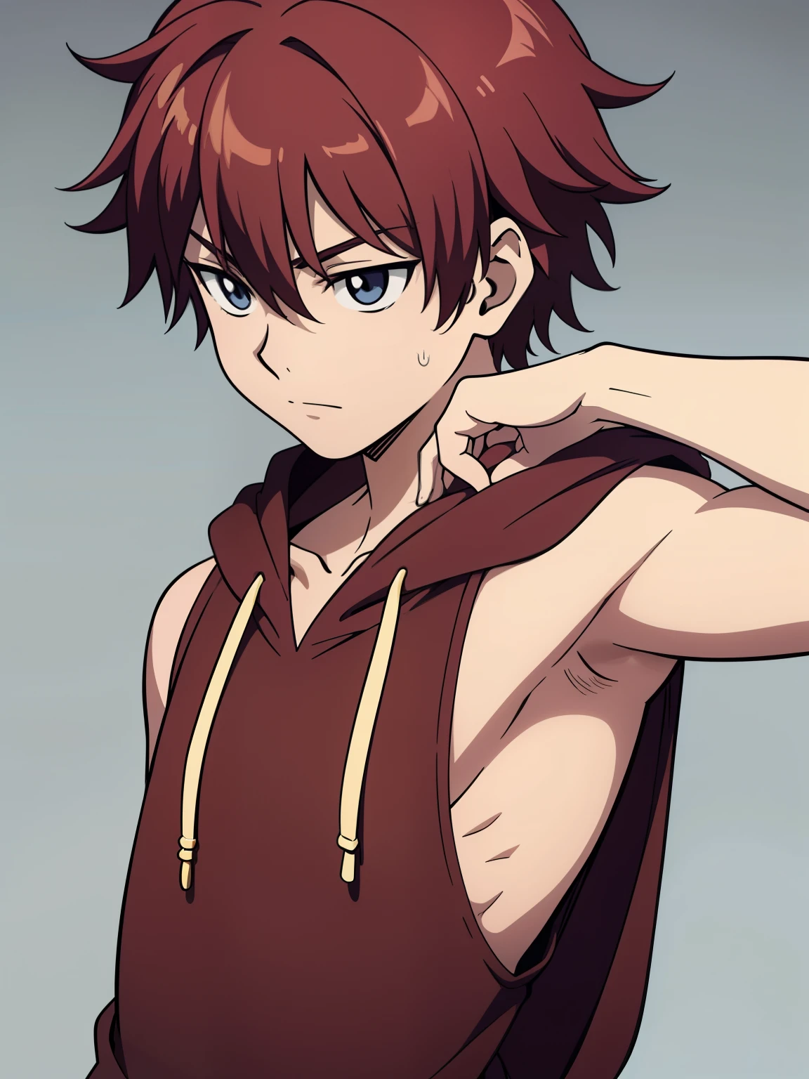 Highres, Masterpiece, Best quality at best,Best Quality,hight quality, hight detailed, Anime style, age 12, 1boy, Boy, Shota, Solo person, Young boy, upper body, slim body, red hair, Sleeveless hoodie, bare shoulder, grey background, (Showing armpit:1.3), Give me a picture of the armpit of a young boy, the armpit looks clean and smells good, the armpit is very beautiful, the boy is teasing using his armpit, shine closer to the armpit, Cute armpit, Sexy armpit, seductive armpits, Such a cute smooth armpit, The armpits of a boy, Adorable little armpits, Give me a proportional picture of a boy's armpits, (very young boy), (Very small and short body), uhd, bokeh