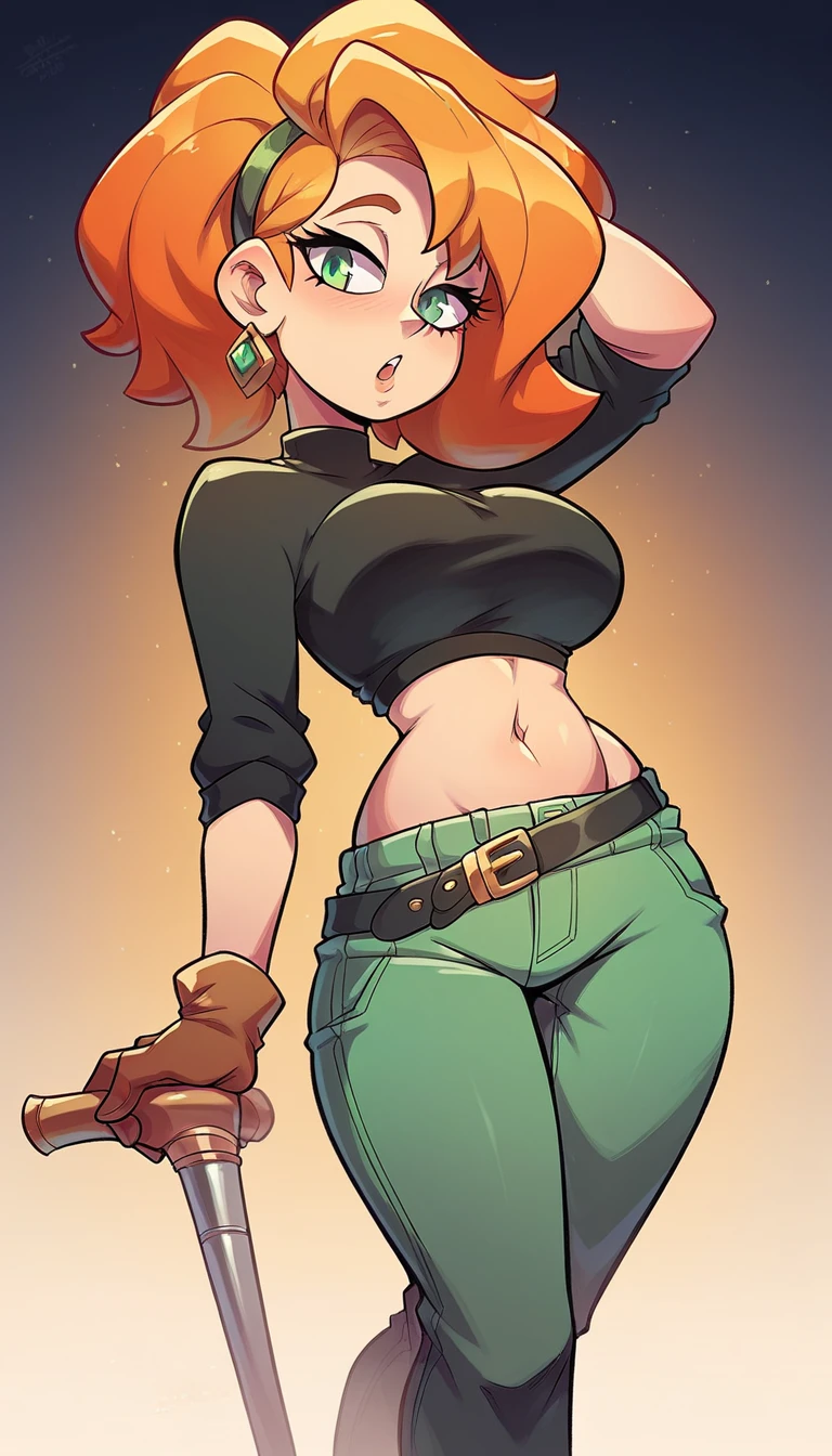 A girl Kim  spy agent beautiful big breast sexy beautiful long straight orange hair her green eye wears short black top shows navel and dark green pants black belt brown boot gloves Black