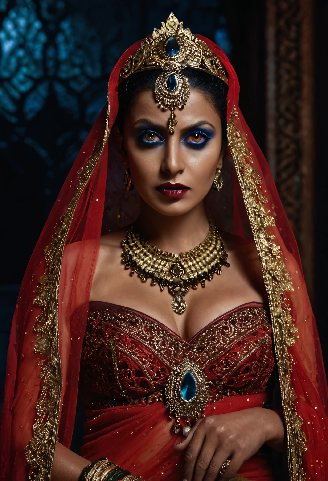 Looks like Aindrita Ray, full body Closeup shot, Big chubby aunty, milf, cougar lady witch, busty huge breast, horny Gothic milf, 70 years old gorgeous mature lady, pervert demoness, demoness of lust, curvy, black lips, horny face, extremely gorgeous, thick figure, heavy physique, voluptuous, curvy, sexy figure, Fashionable portrait of androgynous alien looking witch wearing veil, glowing eyes, futuristic design, minimal details, givenchy, photoreal, 200mm, hd, f/ 2.0, highly detailed, surreal, sexy beautiful evil woman, sexy bold sequin Saree with strapless Bra, chudail, Pishachini, horror genre, blood-thirsty enchantress, powerful female spirit, eerie, drop dead, in the style of red and blue, (intricate details, hyperdetailed:1.15) (skin texture:1.2), dark Moody tone, cinematic lighting, haunted place in background, photorealistic,photo,realism, Getty Images, RAW candid cinema, 16mm, colour graded portra 400 film, remarkable colour, ultra realistic, textured skin, remarkable detailed pupils, realistic dull skin noise, visible skin detail, skin fuzz, dry skin, visible skin details and pores