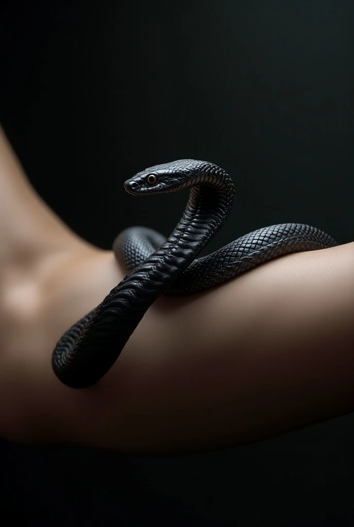 Happy , aroused 1girl), beautiful kneeling girl with black giant titan squeezing her hard, wrapped in thick spiraling coils, constricted, struggle, gasping for air, snake attack, snake peril, moonless night, dim light