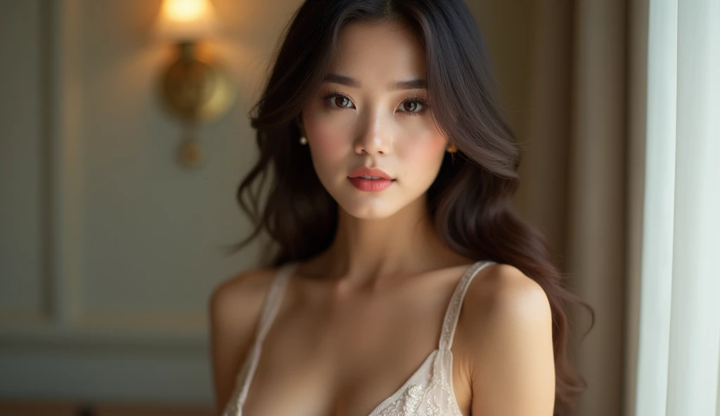 (realistic、masterpiece、Best Quality、8K、highres、high resolution:1.3)、1 girl、Huge breasts、white bikini、pale white skin、looking at viewers、super fine face and eyes、long hair、indoor、 upper body、