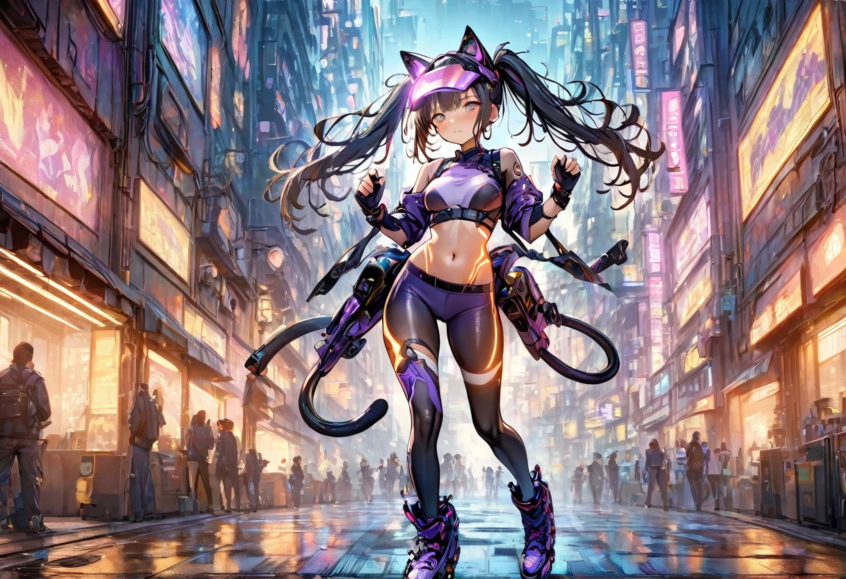 (masterpiece, best quality, ultra detailed, high resolution, detailed facial description), (1 girl:1.3), twin tails, A mechanical visor shaped like a cat's face:1.3, (purple body wear, body wear with orange glowing lines), (purple bike shorts, Bike shorts with glowing orange lines), show navel, Two tails made of machinery are attached to its back:1.2, inline skates, cyberpunk