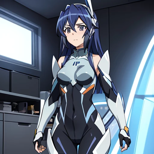 (俯瞰shape), dynamic angle,Super detailed, shape, close, Straight,  1 girl, 
 ((Kasumigaoka Tsubasa ,   interface headset  , Symphogear Bodysuit:1.4,  dark blue hair)),Her eyes shone like Dreamy stars,(Sparkling Eyes:1.233),( beautiful, detailed eyes:1.1),(Expressionless,closed mouth),( is standing), 
(Maintenance room with tools and spaceship windows inside a white spaceship),
( Knight :1.2),Dreamy, [[Delicate fingers and hands:0.55]::0.85],(Finger details),