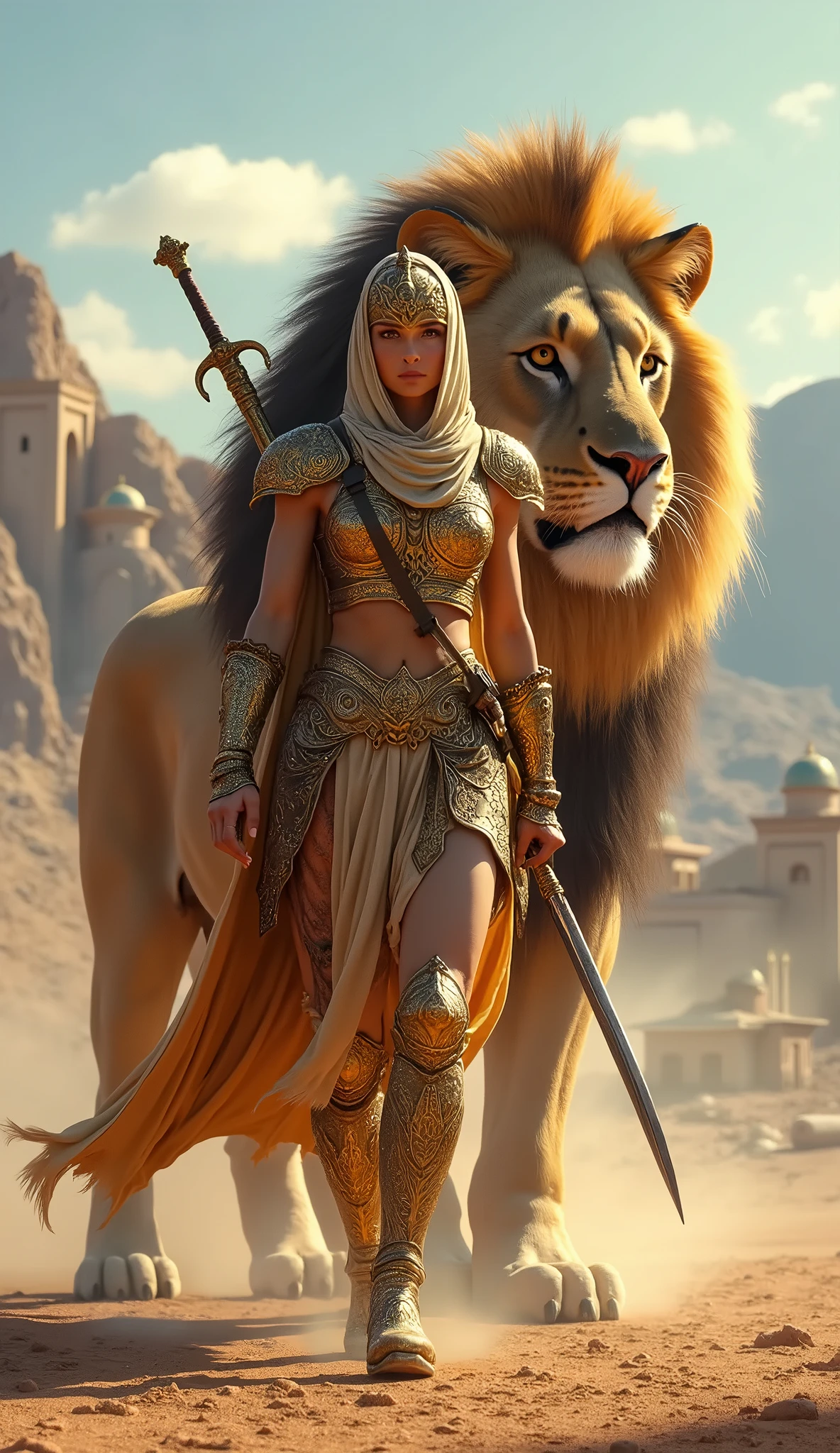 a pretty Egyptian Pharaonic Princess in the foreground wearing a long, pretty white dress and a silk cape embroidered with gold thread, with her very angry and menacing lion showing her long pointed canines, a sphinx in the background.