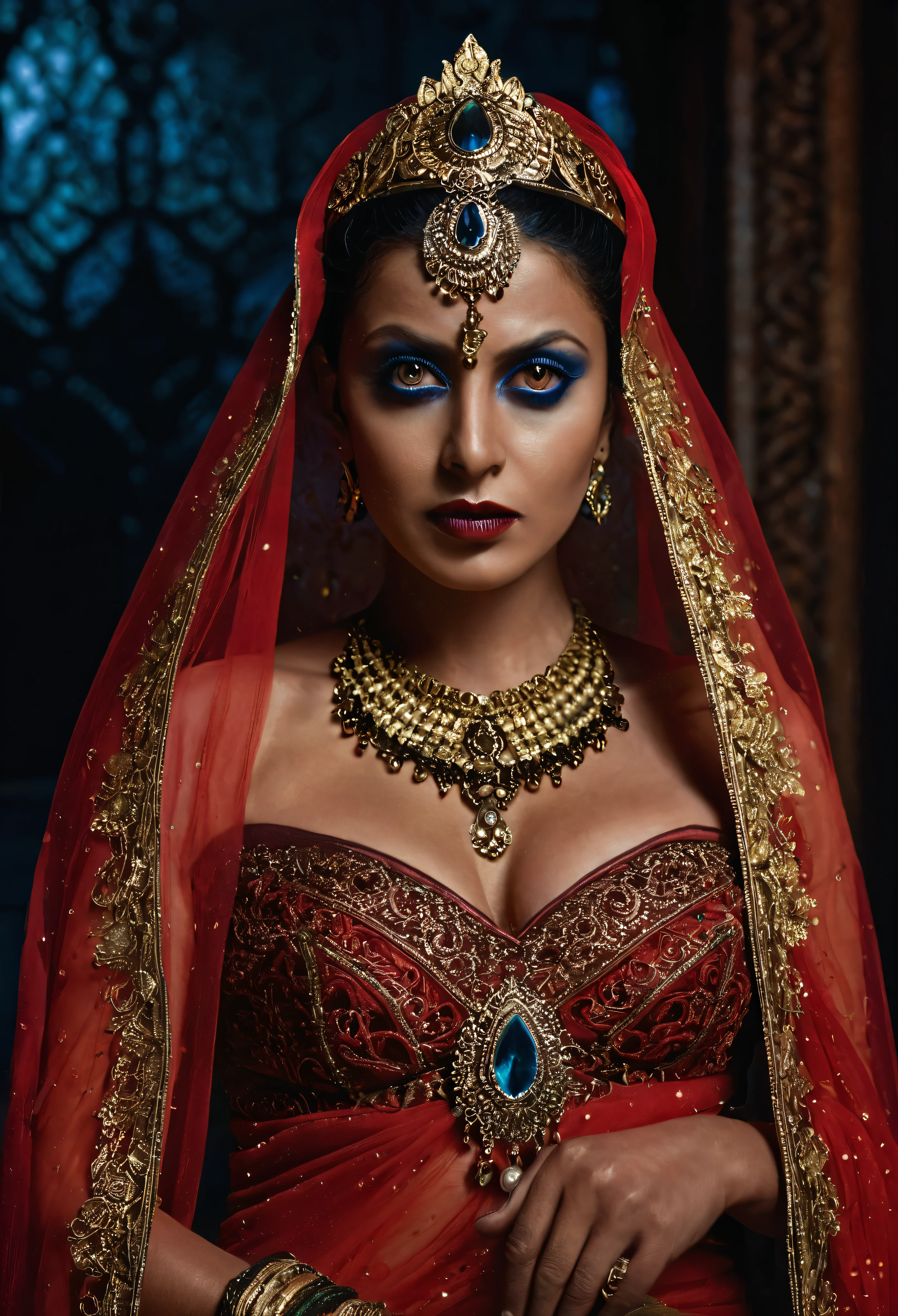 Looks like Aindrita Ray, full body Closeup shot, Big chubby aunty, milf, cougar lady witch, busty huge breast, horny Gothic milf, 70 years old gorgeous mature lady, pervert demoness, demoness of lust, curvy, black lips, horny face, extremely gorgeous, thick figure, heavy physique, voluptuous, curvy, sexy figure, Fashionable portrait of androgynous alien looking witch wearing veil, glowing eyes, futuristic design, minimal details, givenchy, photoreal, 200mm, hd, f/ 2.0, highly detailed, surreal, sexy beautiful evil woman, sexy bold sequin Saree with strapless Bra, chudail, Pishachini, horror genre, blood-thirsty enchantress, powerful female spirit, eerie, drop dead, in the style of red and blue, (intricate details, hyperdetailed:1.15) (skin texture:1.2), dark Moody tone, cinematic lighting, haunted place in background, photorealistic,photo,realism, Getty Images, RAW candid cinema, 16mm, colour graded portra 400 film, remarkable colour, ultra realistic, textured skin, remarkable detailed pupils, realistic dull skin noise, visible skin detail, skin fuzz, dry skin, visible skin details and pores