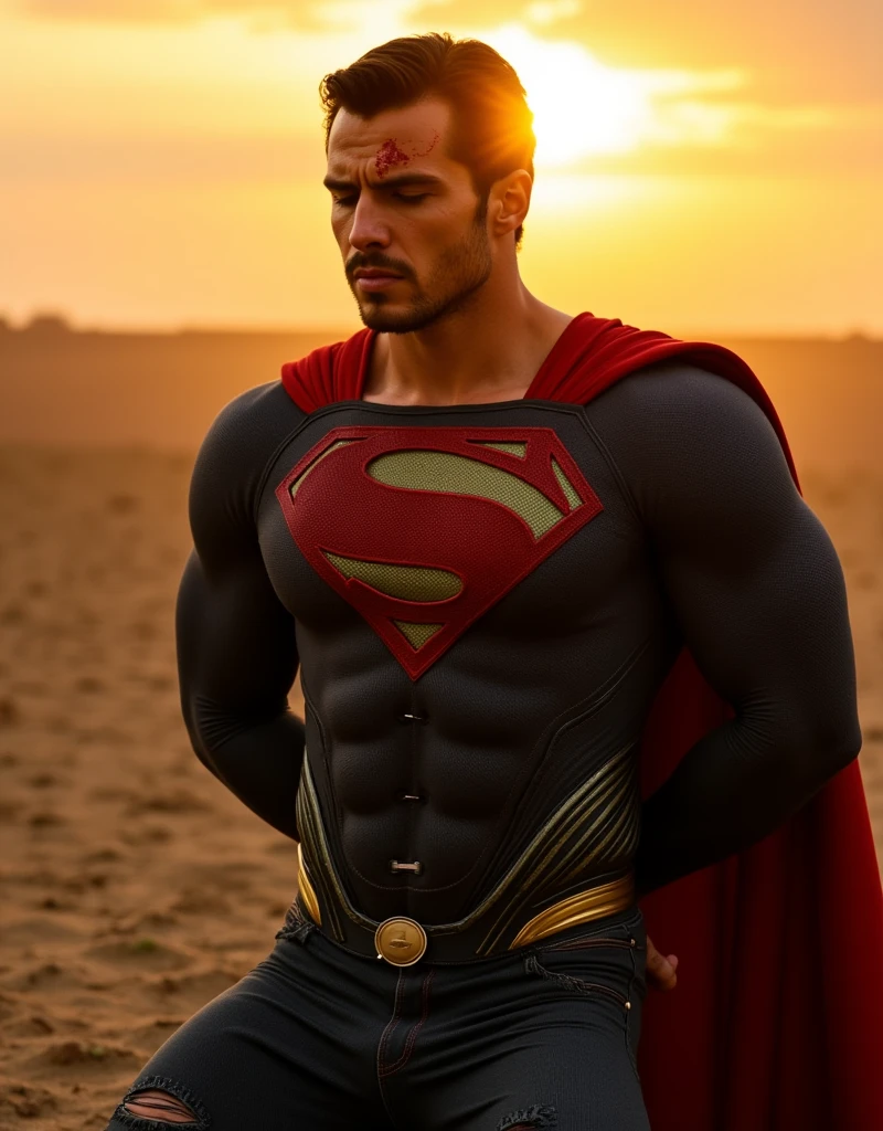 (Nicholas Alexander Chavez in a Superman suit:1.8), (Superman suit Torn:1.8), Ripped, Man in Tight Superman suit, Eyes Closed, (((Muscular, Fit, Nicholas Alexander Chavez in a Superman suit))), (Bloodstain on Cheek and forehead), Wearing a Superman suit, (((Big Arms, Toned Chest, Muscular, ))), (((Ripped Six-Pack))), (((Body Tied with green glowing Chains))), (((short beard, Short-Haired Man))), (((Muscular thighs, Big Torso))), (((Handsome, Fit Body))), ((Short Hairstyle))), Kneeling, (((Arms Behind Back))), The scene is bathed in the warm golden light of the sun 