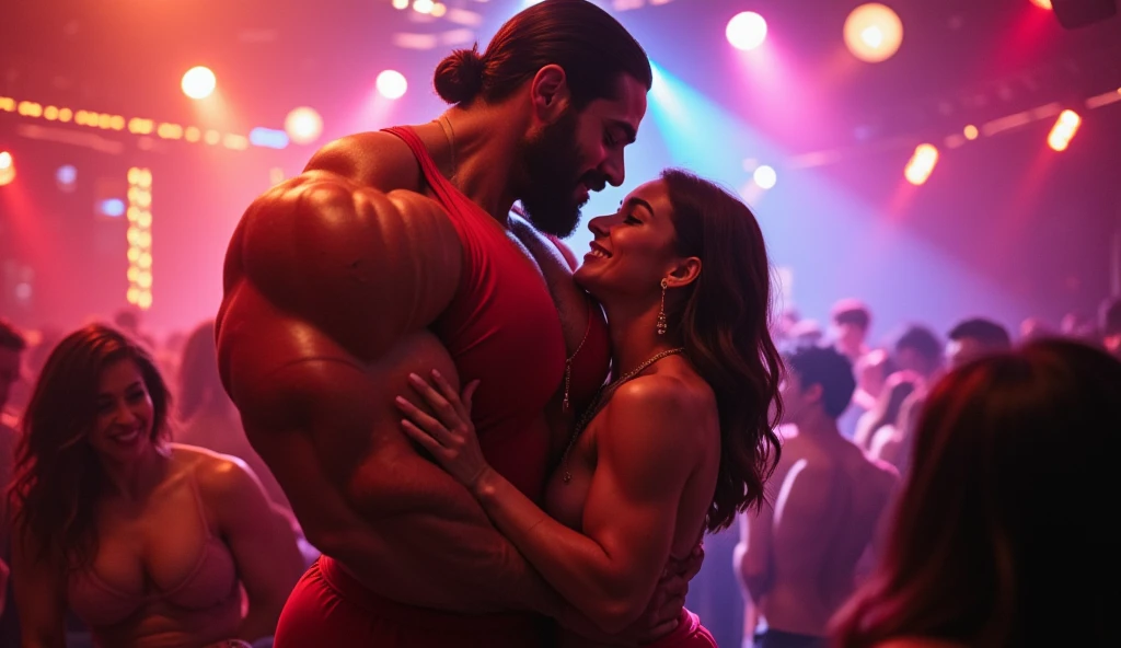 Sofia Lemoine, the 28-year-old French model of Arab descent, standing at an impressive 1.90 meters, is at the center of a vibrant nightclub. With her imposing muscular physique and height, she embraces a shorter woman who only reaches her shoulder. Sofia wears a fitted red dress that accentuates her curves and muscular build, while the woman in her arms smiles at her with affection and admiration. The scene is lit with colorful lights that reflect on their skin, creating an intense and dynamic atmosphere. The camera is positioned at Sofia’s chest level, emphasizing her towering height and powerful figure as she holds the other woman with tenderness and confidence. The music, lights, and energy of the club surround the two women, while other club-goers look on in awe.






