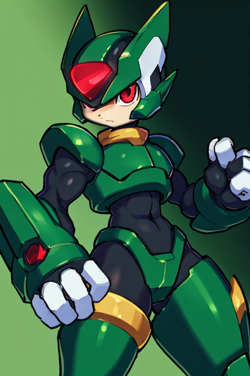 Reploid man ,  green and black round helmet, red eyes, green and black armor , Cañón Arm 